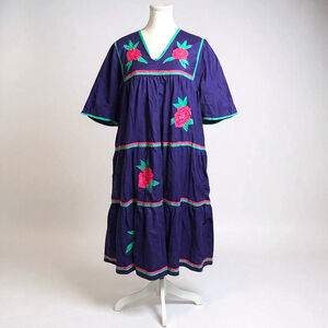 Vintage 80s Purple Embroidered boho MuMu Tiered Dress Floral